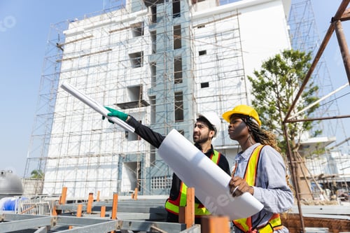 Preview: Construction civil engineer man and woman African American checking quality of work in construction