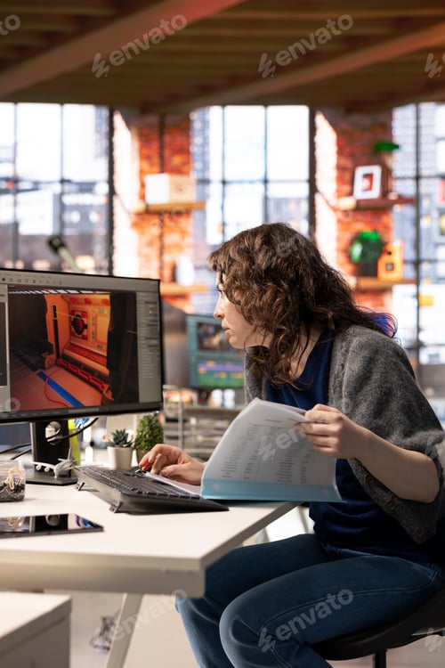 Preview: Female developer interacts with virtual AI assistant on PC to design a game hub