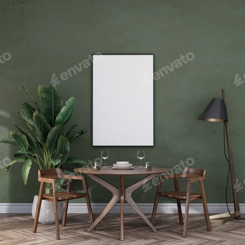 Preview: mock up poster frame in modern interior fully furnished rooms background, Cafe, Dining room,