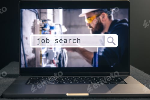 Preview: Job search in computer application, website page on laptop screen.