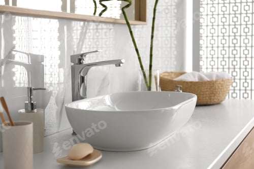 Preview: Stylish vessel sink under mirror in bathroom. Interior element