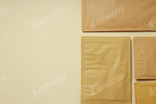 Preview: Flat lay with blank packages on beige background