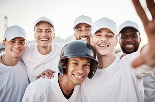Preview: Teamwork, happy and selfie with baseball player on field for training, fitness and social media pos