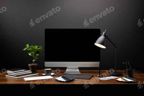 Preview: close up view of graphic designer workplace with graphic tablet, blank computer screen, notebooks