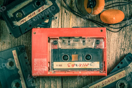 Preview: Vintage cassette tape with headphones and red walkman
