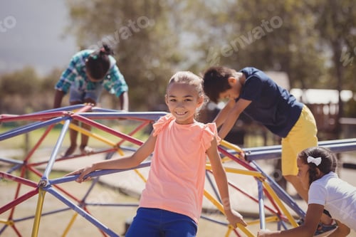 Preview: Happy schoolkids playing on dome climber