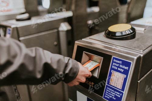Preview: Person inserting a ticket into a train station turnstile