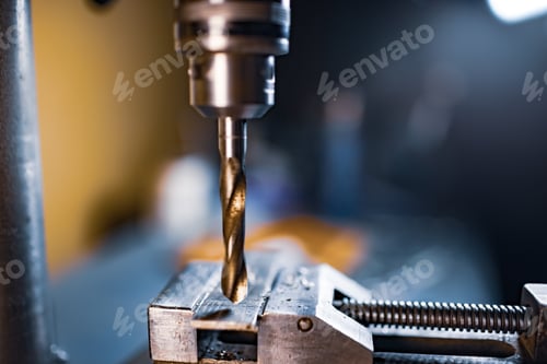 Preview: Drilling process with shavings close-up at the workplace in workshop