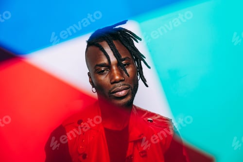 Preview: handsome man wearing red leather jacket portrait. Futuristic cyberpunk fashion style