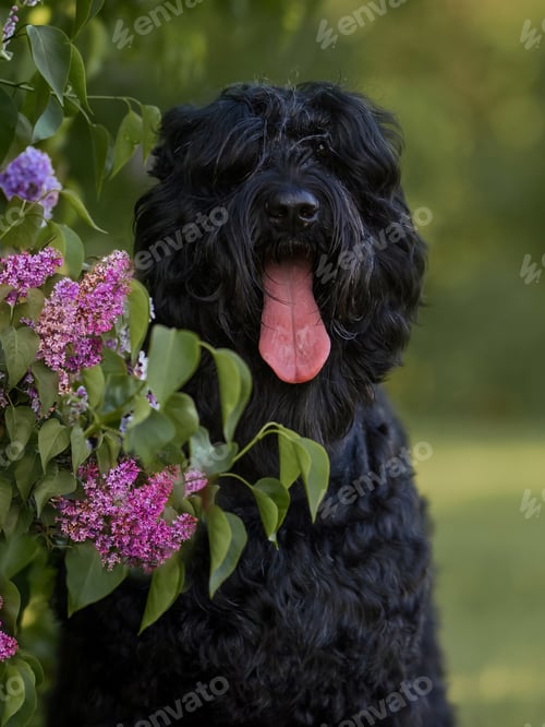 Preview: black Russian terrier dog in nature in lilac flowers on a walk