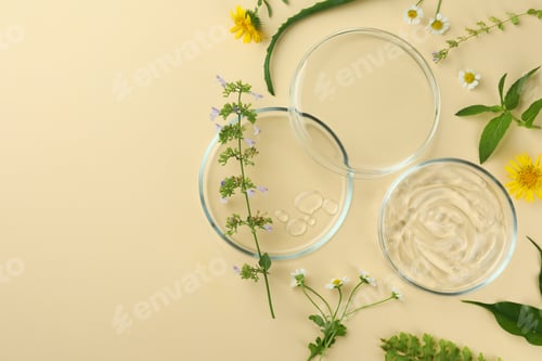 Preview: Flat lay composition with Petri dishes and plants on beige background. Space for text