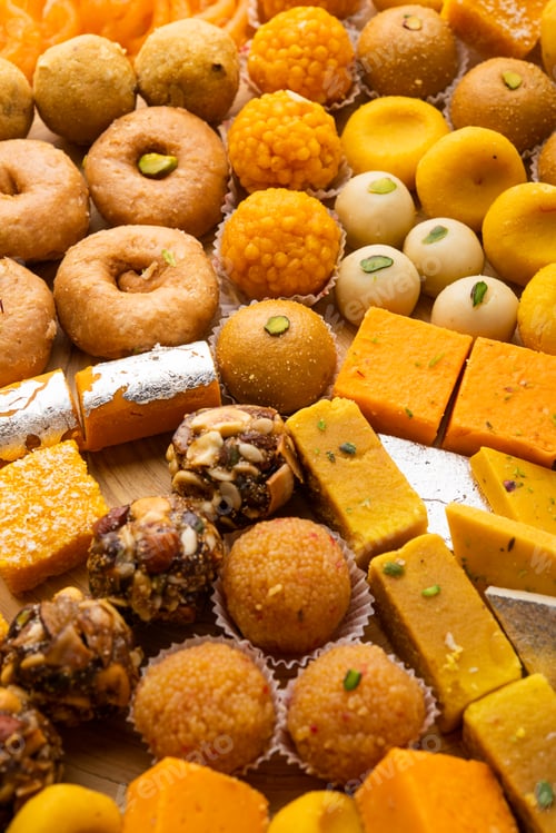 Preview: Group of Indian assorted sweets or mithai with diya