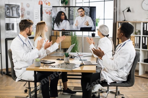 Preview: Multiethnic doctors clapping during video call with partners