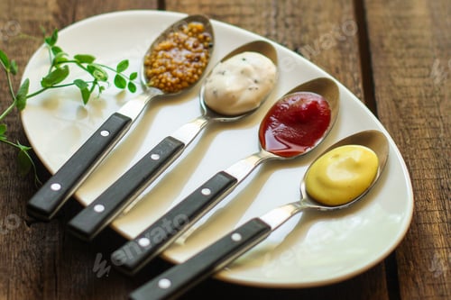 Preview: Sauces In Portioned Cutlery, Serving Appetizer (Different Varieties) Menu Concept. Food Background