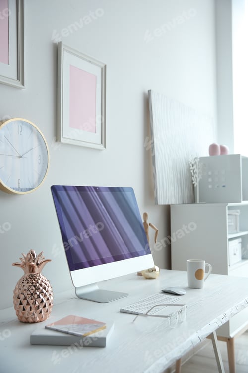 Preview: Contemporary workplace with computer on table near white wall. Interior design