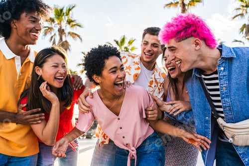 Preview: Multiethnic group of young happy friends hanging out