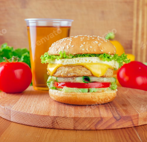 Preview: Delicious double cheeseburger on a wooden cutting board with fresh vegetables at a casual dining