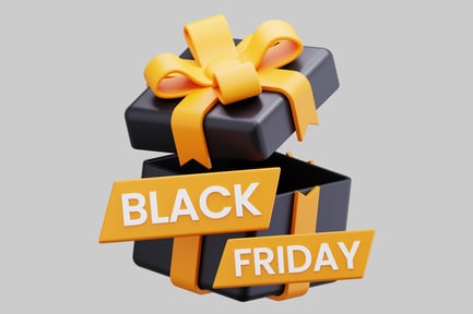 Preview: A Black Gift Box With A Yellow Ribbon And Black Friday Labels