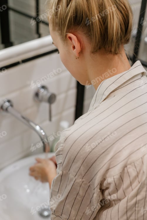 Preview: Woman washing hands, back view.