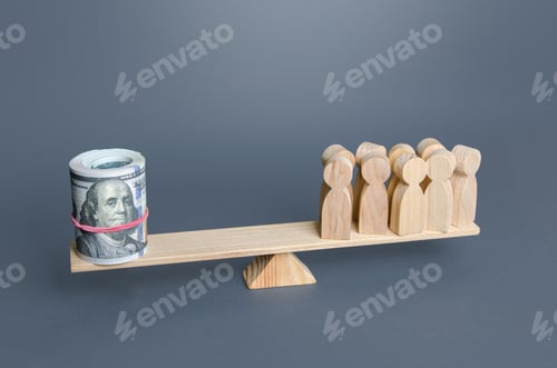 Preview: A group of people and money dollars on the scales.