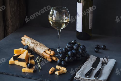 Preview: Cheese plate served with crackers, grapes and glass of white wine