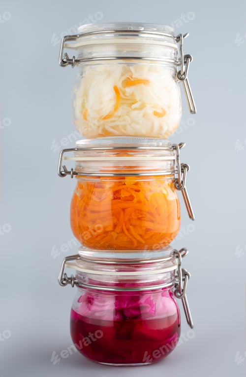 Preview: Homemade village fermented sauerkrauts, red cabbage and korean carrot in glass jars