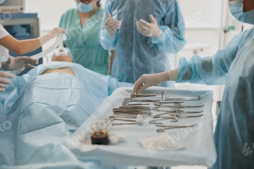 Preview: Close up of assistant submits instrument to doctor during operation. Healthcare and medical concept