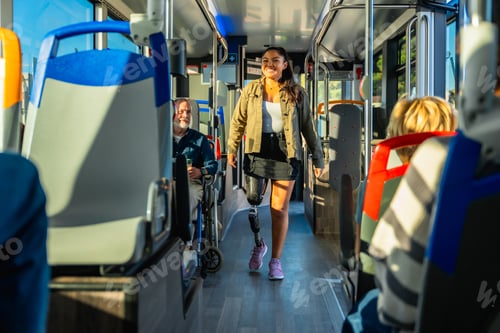 Preview: Woman with prosthetic leg walking in bus