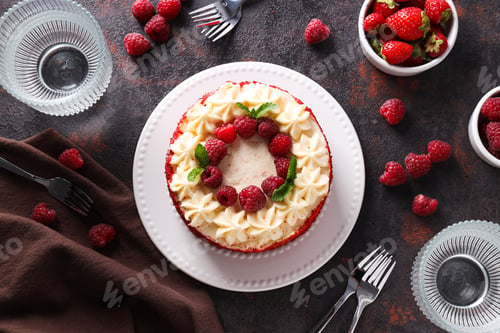 Vista previa: Red velvet cake, berries, glass and towel on gray background, top view