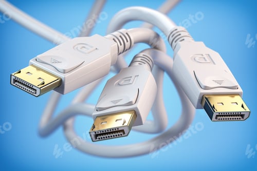 Preview: White Display Port DP cable video monitor connectors on blue background.