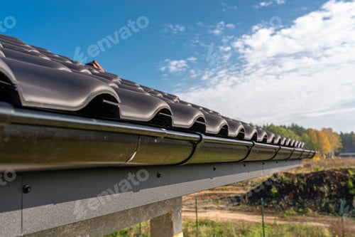 Preview: A metal, black gutter on a roof covered with ceramic tiles. Close up shot.
