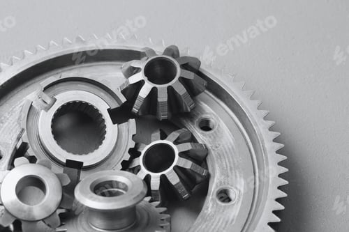 Preview: Different stainless steel gears on light grey background