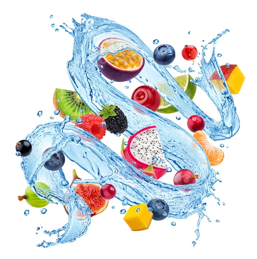 Preview: Mix of fruits and berries with water splashes isolated on white background