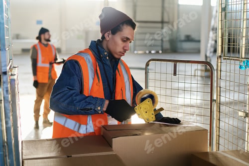 Preview: Side view of young male worker of warehouse in reflective vest sealing box