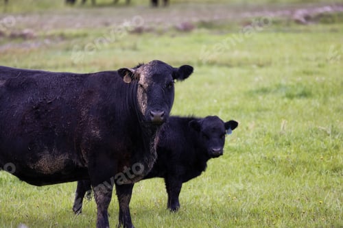 Preview: Cow in a green field with mountain landscape in background.
