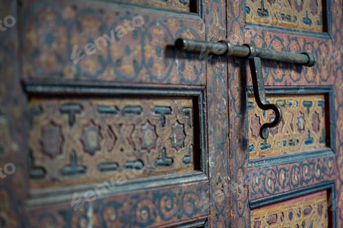 Preview: Ornate painted door secured with a key in Fez, Morocco