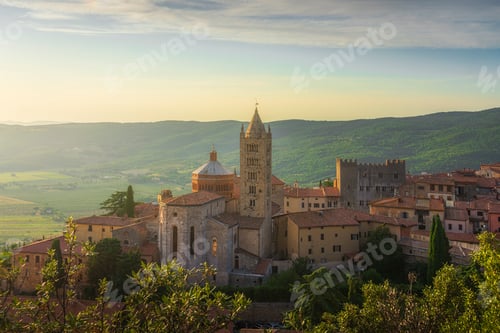 Preview: Massa Marittima and San Cerbone cathedral aerial view, Tuscany, Italy