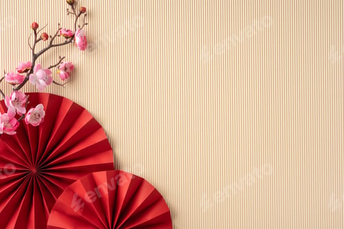 Preview: Traditional Chinese New Year background featuring red paper fans and pink cherry blossoms against
