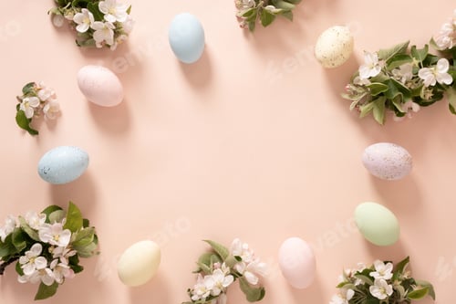 Preview: Easter pastel eggs and spring flowers border on peach background