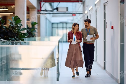 Preview: Happy business colleagues walking through office hallway.