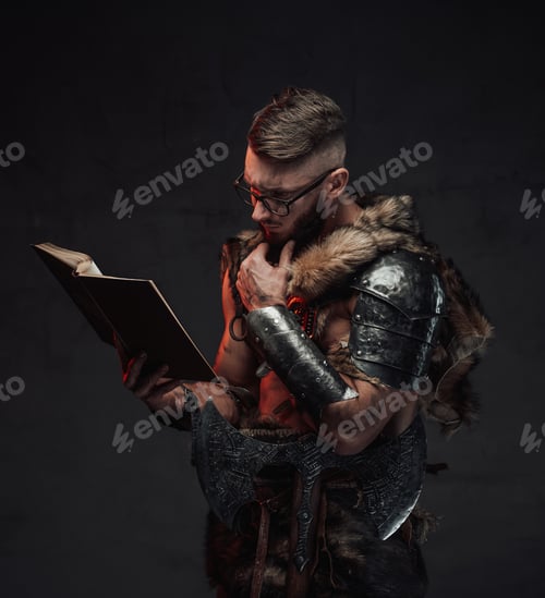 Preview: Clever viking reading a book in dark background