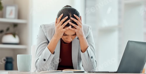 Preview: Headache, stress and worried young businesswoman tired from getting bad news about company investme