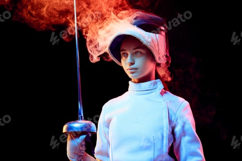 Preview: Teen girl in fencing costume with sword in hand isolated on black background