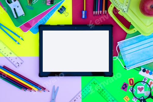 Preview: Back to school - colorful background, pencils, notebooks, scissors and accessories