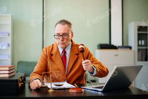 Preview: Mature Man with Gavel in Office Environment