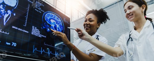 Preview: female researcher, medical scientist or doctor working and checking sample of virus using microscope