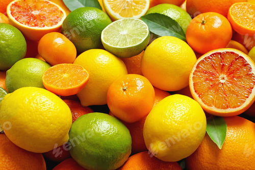 Preview: Many different citrus fruits as background, closeup