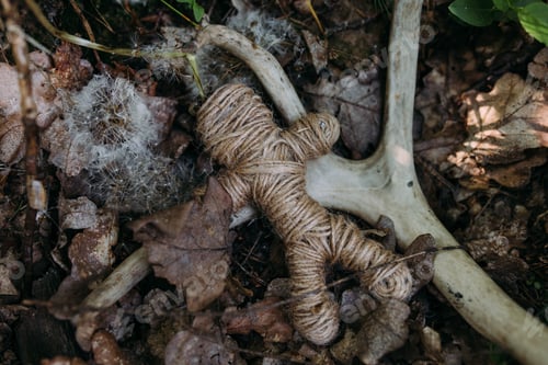 Preview: A woven voodoo doll of threads, bones and leafs in a ritual in a mysterious forest.