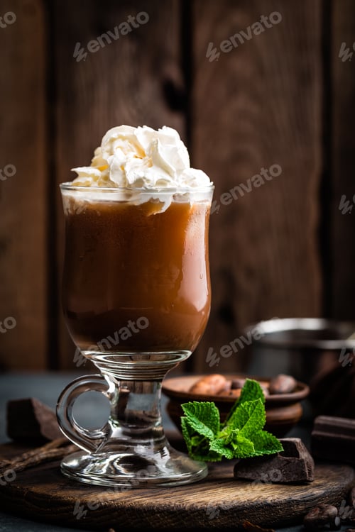 Preview: Iced cocoa drink with whipped cream, cold chocolate beverage, coffee frappe on dark background