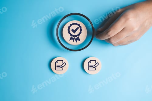 Preview: ISO smart globe with check mark guarantee icons on wooden cube and copy space